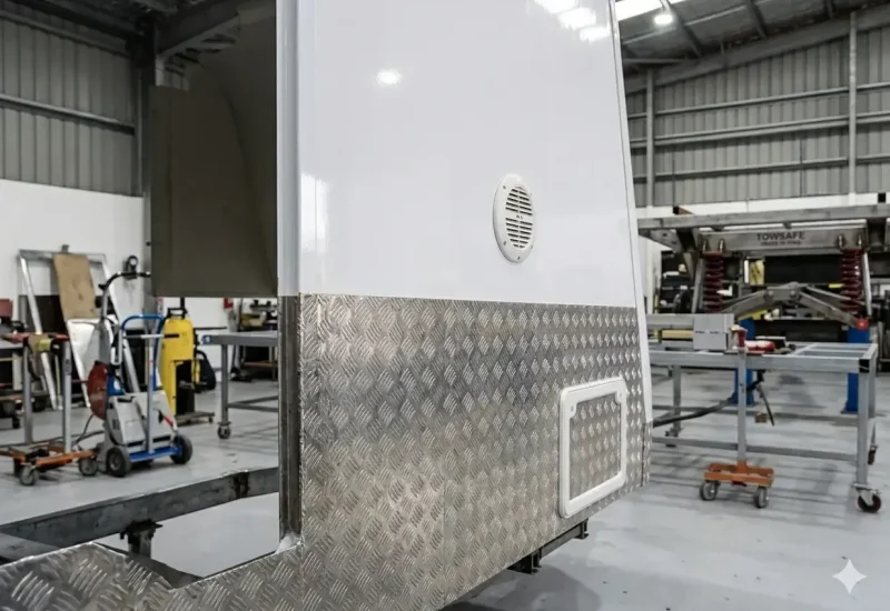 Close-up of a white caravan body with a textured diamond plate lower section and a circular vent, in a workshop setting.